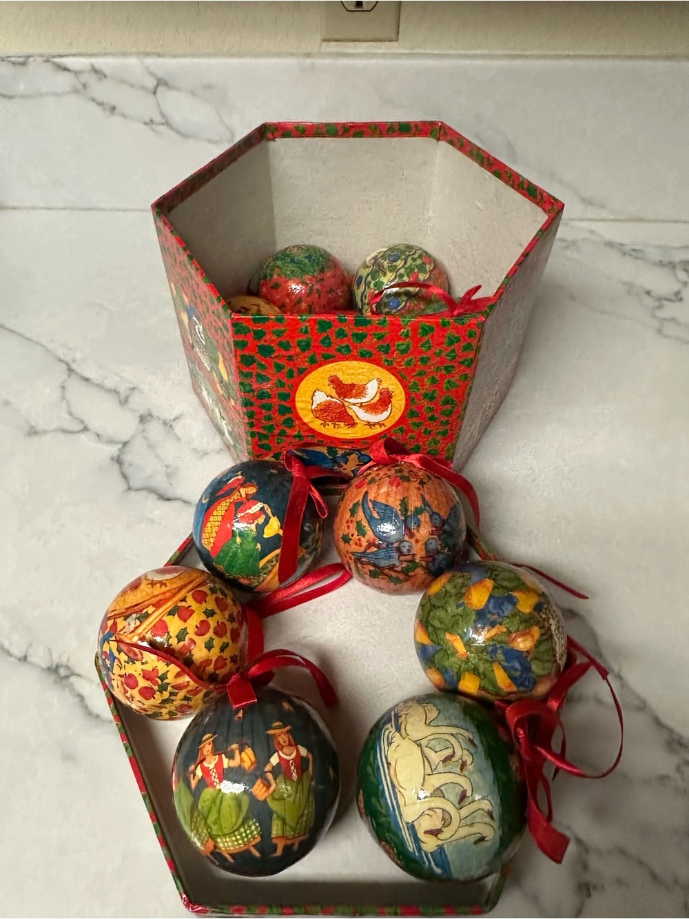 Vintage The 12 days of Christmas 3" Decoupage Ornaments Set in Original Box